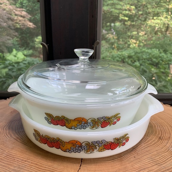 Anchor Hocking Fire King 437 1.5 Qt & 429 Casseroles w Lid Natures Bounty Fruit - Picture 2 of 10